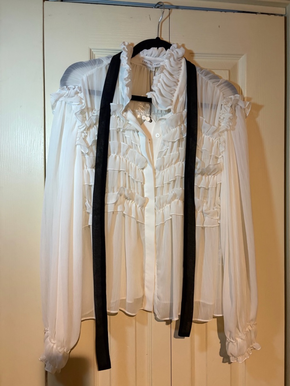 English Factory White Ruffled Button-Down Blouse with Black Neck Tie
